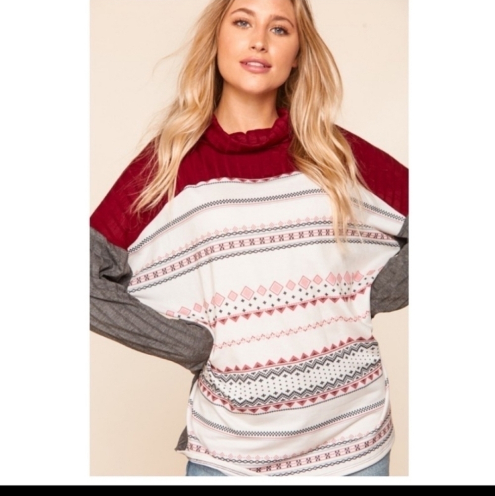 Ribbed Crimson Cowl Neck Turtleneck with French Terry Ethnic/Tribal Print - Picture 4 of 12
